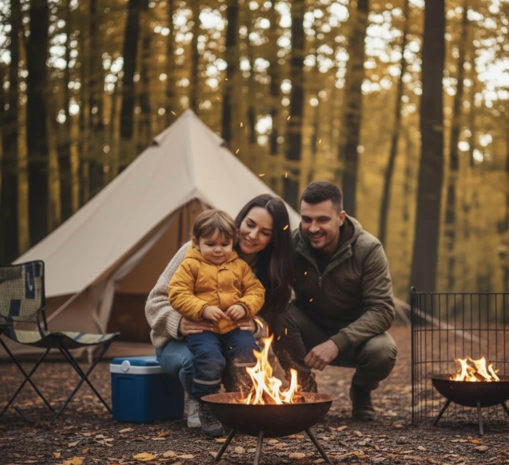 キャンプ楽しむ３人家族